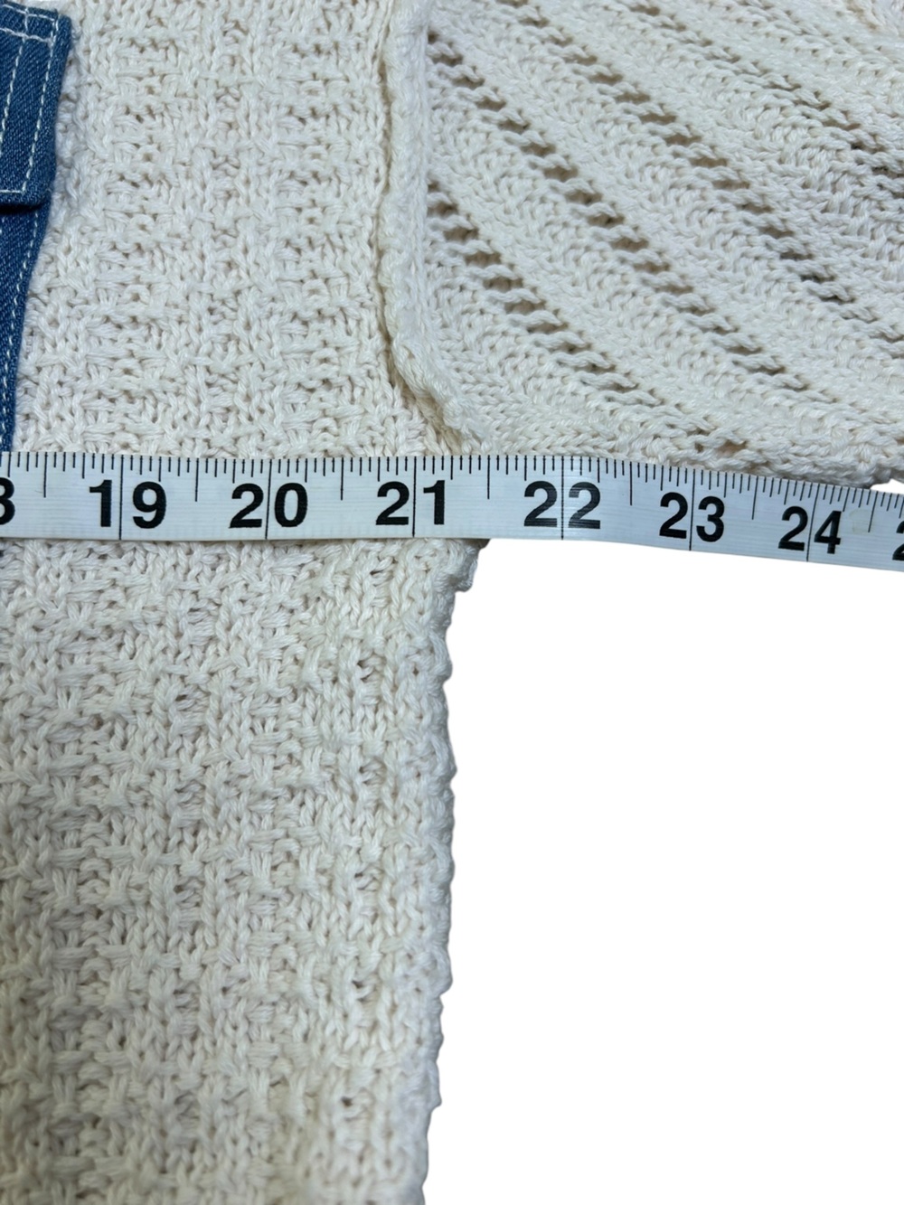 SUNDANCE Mixed Media Denim Trim Cable Knit Cardigan Cream Blue Women L - Picture 9 of 10